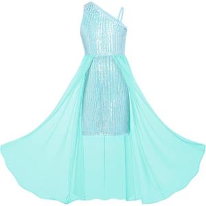 GRACE KARIN Girls Sequin Formal Dress Sequin Pageant Wedding Guest Dresses Birthday Fancy One Shoulder Dress Size 6-14(Light Blue)