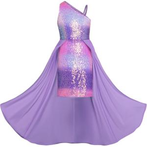 GRACE KARIN Girls Sequin Formal Dress Sequin Pageant Wedding Guest Dresses Birthday Fancy One Shoulder Dress Size 6-14(Multicolor Purple)