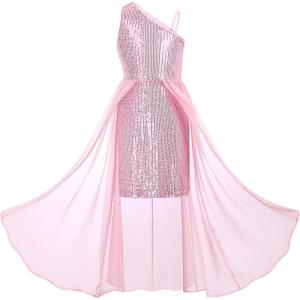 GRACE KARIN Girls Sequin Formal Dress Sequin Pageant Wedding Guest Dresses Birthday Fancy One Shoulder Dress Size 6-14(Pink)