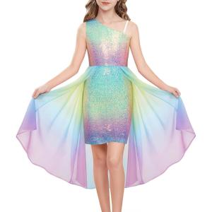 GRACE KARIN Girls Sequin Formal Dress Sequin Pageant Wedding Guest Dresses Birthday Fancy One Shoulder Dress Size 6-14(Rainbow Color)