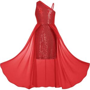 GRACE KARIN Girls Sequin Formal Dress Sequin Pageant Wedding Guest Dresses Birthday Fancy One Shoulder Dress Size 6-14(Red)