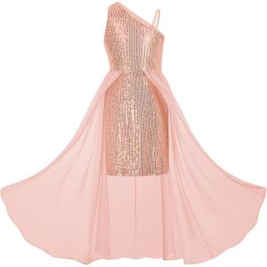 GRACE KARIN Girls Sequin Formal Dress Sequin Pageant Wedding Guest Dresses Birthday Fancy One Shoulder Dress Size 6-14(Rose Gold)