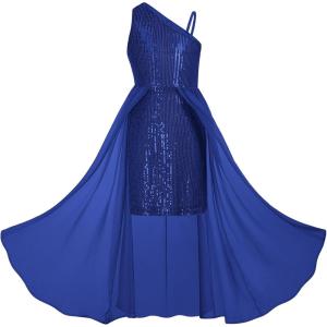 GRACE KARIN Girls Sequin Formal Dress Sequin Pageant Wedding Guest Dresses Birthday Fancy One Shoulder Dress Size 6-14(Royal Blue)
