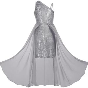 GRACE KARIN Girls Sequin Formal Dress Sequin Pageant Wedding Guest Dresses Birthday Fancy One Shoulder Dress Size 6-14(Silver Gray)
