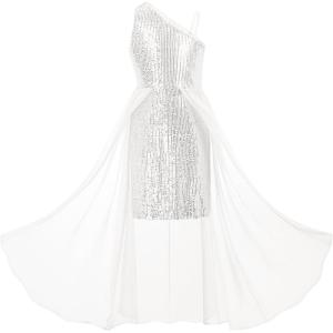 GRACE KARIN Girls Sequin Formal Dress Sequin Pageant Wedding Guest Dresses Birthday Fancy One Shoulder Dress Size 6-14(Sliver)