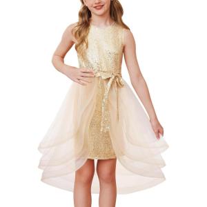 GRACE KARIN Girls Sequin Party Dress Sparkle Formal Birthday Pageant Prom Three-Layer Tulle Midi Dress Size 5-12Y(Champagne Gold)