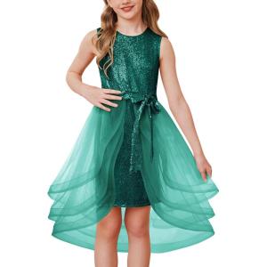 GRACE KARIN Girls Sequin Party Dress Sparkle Formal Birthday Pageant Prom Three-Layer Tulle Midi Dress Size 5-12Y(Green)