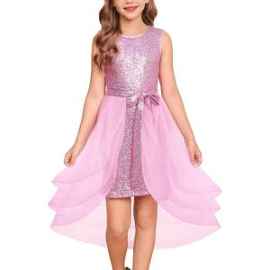 GRACE KARIN Girls Sequin Party Dress Sparkle Formal Birthday Pageant Prom Three-Layer Tulle Midi Dress Size 5-12Y(Pink)