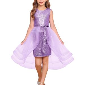 GRACE KARIN Girls Sequin Party Dress Sparkle Formal Birthday Pageant Prom Three-Layer Tulle Midi Dress Size 5-12Y(Purple)