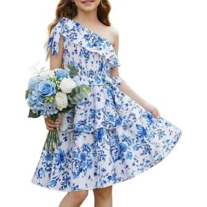 GRACE KARIN Girls Summer Spring Dress Kids One Shoulder Floral Dresses Teen Cute Party Flower 2 Layer Hawaiian Clothes 6-14(Blue Big Floral)