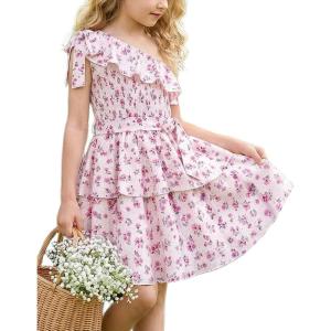 GRACE KARIN Girls Summer Spring Dress Kids One Shoulder Floral Dresses Teen Cute Party Flower 2 Layer Hawaiian Clothes 6-14(Cream Floral)
