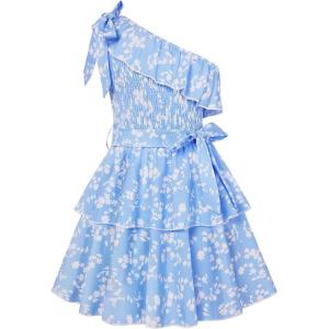 GRACE KARIN Girls Summer Spring Dress Kids One Shoulder Floral Dresses Teen Cute Party Flower 2 Layer Hawaiian Clothes 6-14(Light Blue Floral)