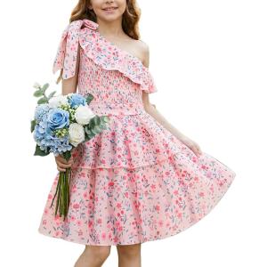 GRACE KARIN Girls Summer Spring Dress Kids One Shoulder Floral Dresses Teen Cute Party Flower 2 Layer Hawaiian Clothes 6-14(Pink Floral)