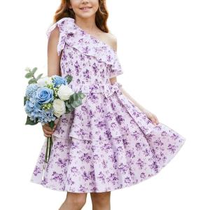 GRACE KARIN Girls Summer Spring Dress Kids One Shoulder Floral Dresses Teen Cute Party Flower 2 Layer Hawaiian Clothes 6-14(Purple Floral)