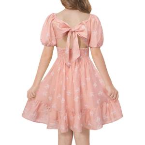 GRACE KARIN Girls Summer Tie Back Dress Square Neck Lantern Sleeve Ruffle Hem Elegant Dresses for 7-14 Years(Orange Pink)