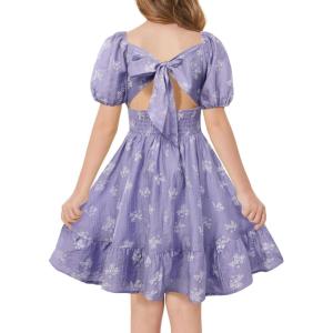 GRACE KARIN Girls Summer Tie Back Dress Square Neck Lantern Sleeve Ruffle Hem Elegant Dresses for 7-14 Years(Purple)