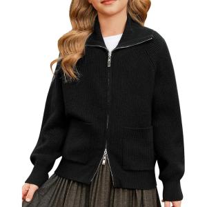 GRACE KARIN Girls Sweater Cardigan Uniform Zip Up Knit Fall Kid Jacket Size 6-14(Black)