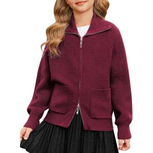 GRACE KARIN Girls Sweater Cardigan Uniform Zip Up Knit Fall Kid Jacket Size 6-14(Burgundy)