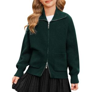 GRACE KARIN Girls Sweater Cardigan Uniform Zip Up Knit Fall Kid Jacket Size 6-14(Dark Green)