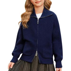 GRACE KARIN Girls Sweater Cardigan Uniform Zip Up Knit Fall Kid Jacket Size 6-14(Navy Blue)