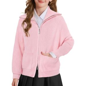GRACE KARIN Girls Sweater Cardigan Uniform Zip Up Knit Fall Kid Jacket Size 6-14(Pink)