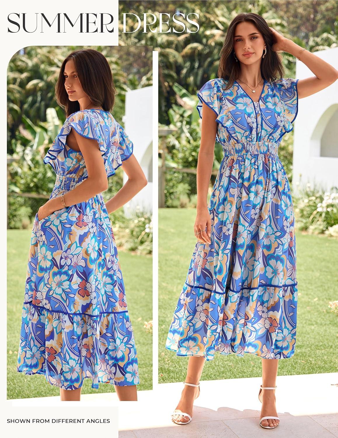 imageGRACE KARIN 2026 Summer Wedding Guest Dresses for Women Ruffle Sleeve Boho Midi Dress Smocked Flowy Floral Dress with PocketBlue Orange