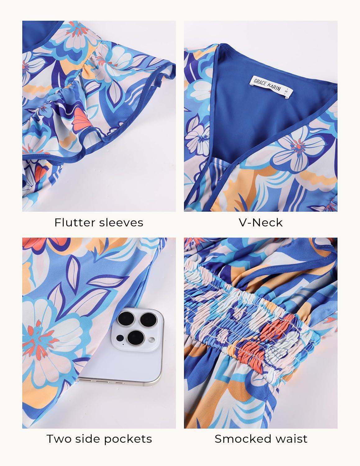imageGRACE KARIN 2026 Summer Wedding Guest Dresses for Women Ruffle Sleeve Boho Midi Dress Smocked Flowy Floral Dress with PocketBlue Orange