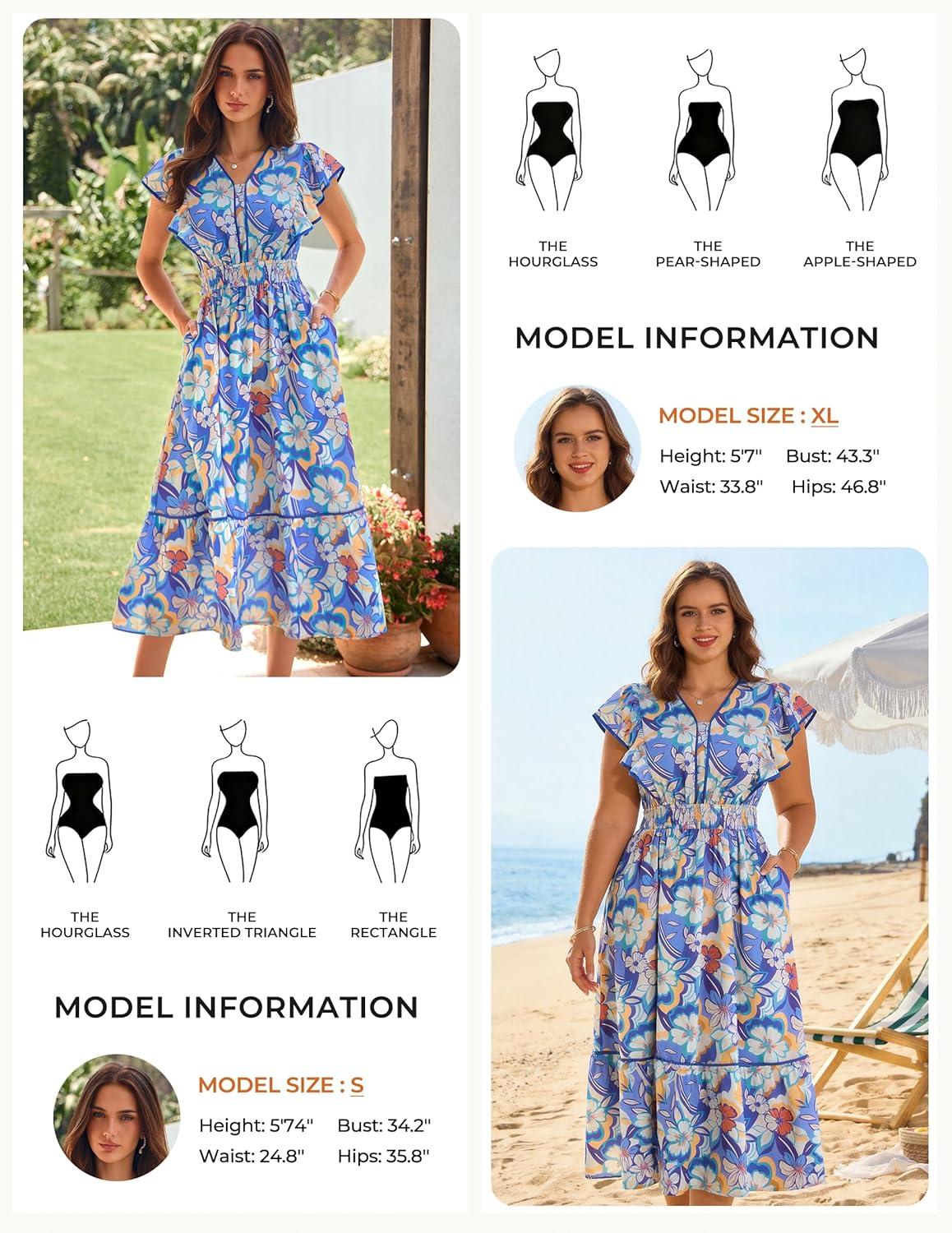 imageGRACE KARIN 2026 Summer Wedding Guest Dresses for Women Ruffle Sleeve Boho Midi Dress Smocked Flowy Floral Dress with PocketBlue Orange