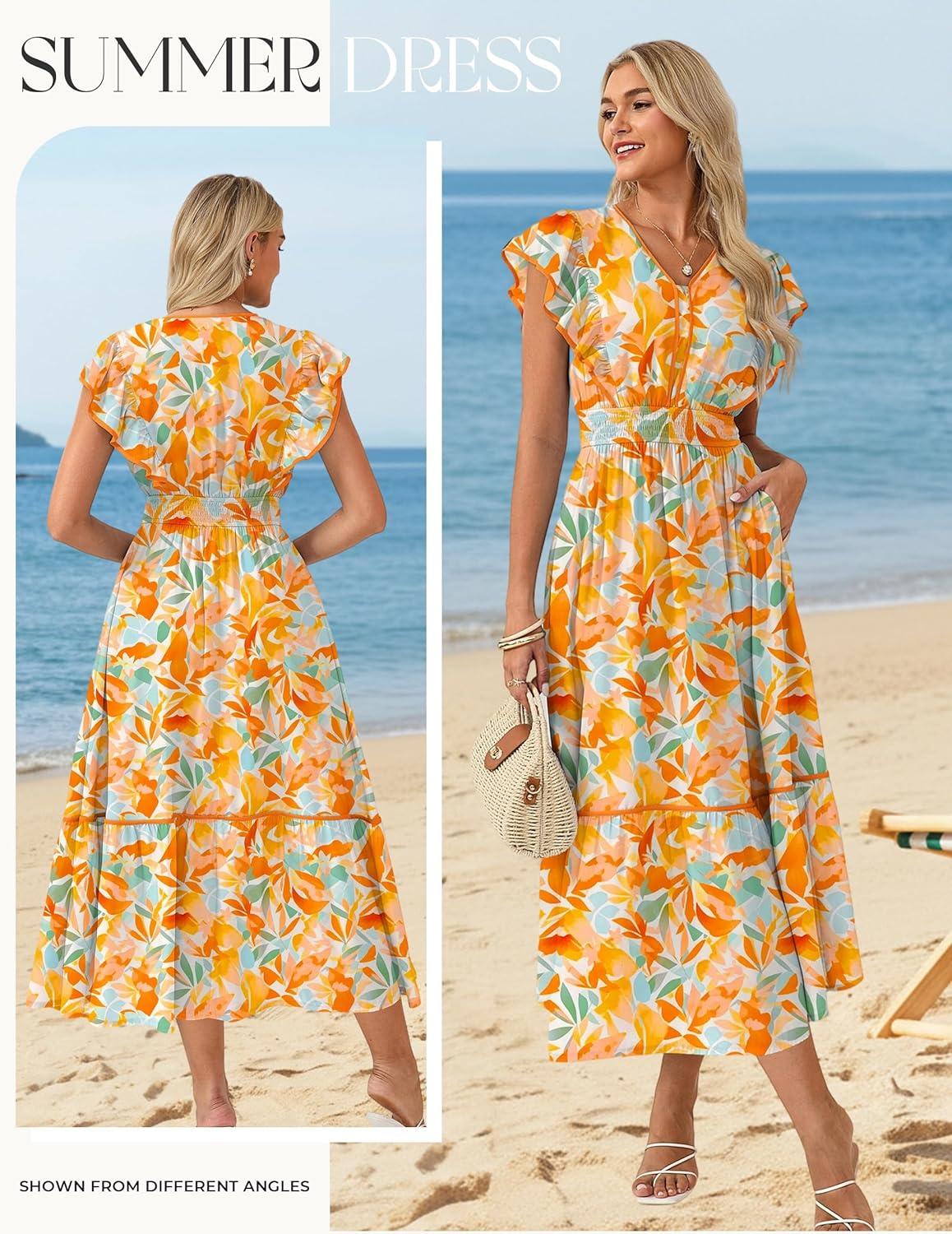 imageGRACE KARIN 2026 Summer Wedding Guest Dresses for Women Ruffle Sleeve Boho Midi Dress Smocked Flowy Floral Dress with PocketOrange Blue