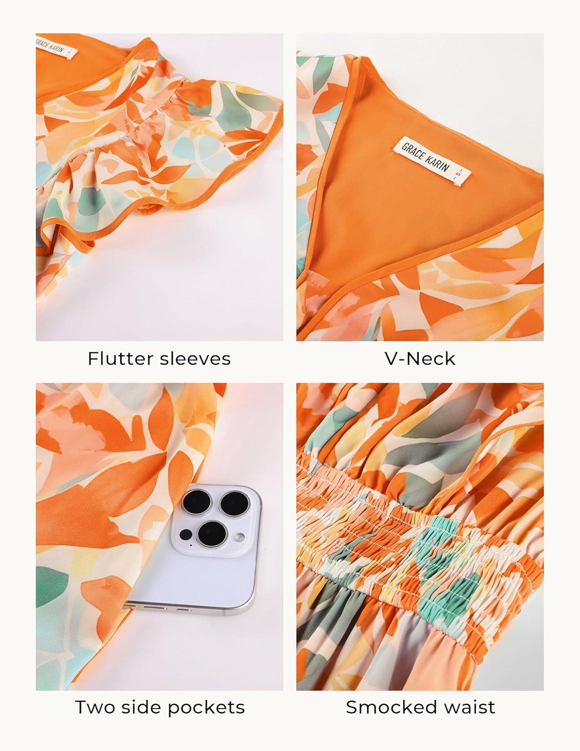 imageGRACE KARIN 2026 Summer Wedding Guest Dresses for Women Ruffle Sleeve Boho Midi Dress Smocked Flowy Floral Dress with PocketOrange Blue