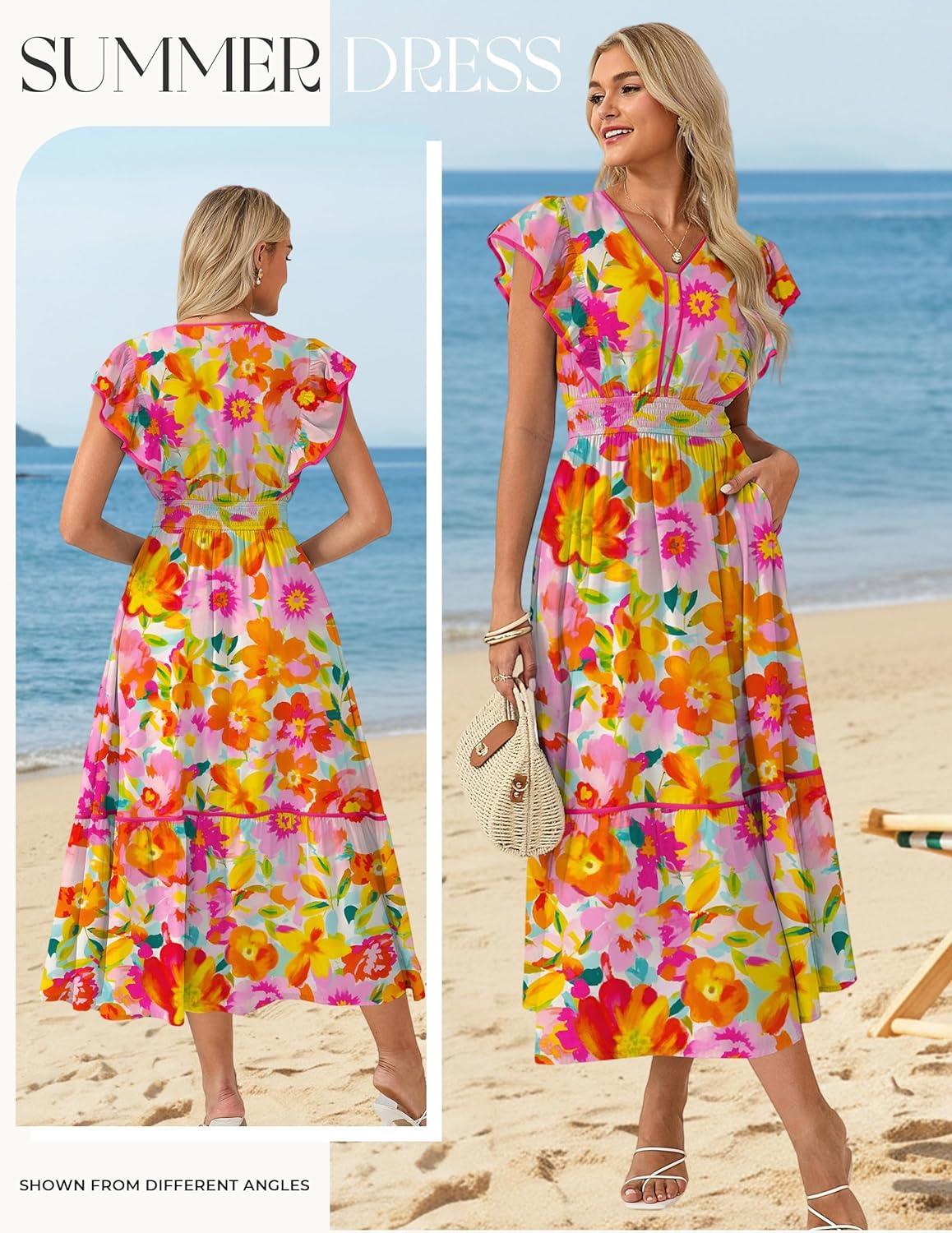 imageGRACE KARIN 2026 Summer Wedding Guest Dresses for Women Ruffle Sleeve Boho Midi Dress Smocked Flowy Floral Dress with PocketPink Orange