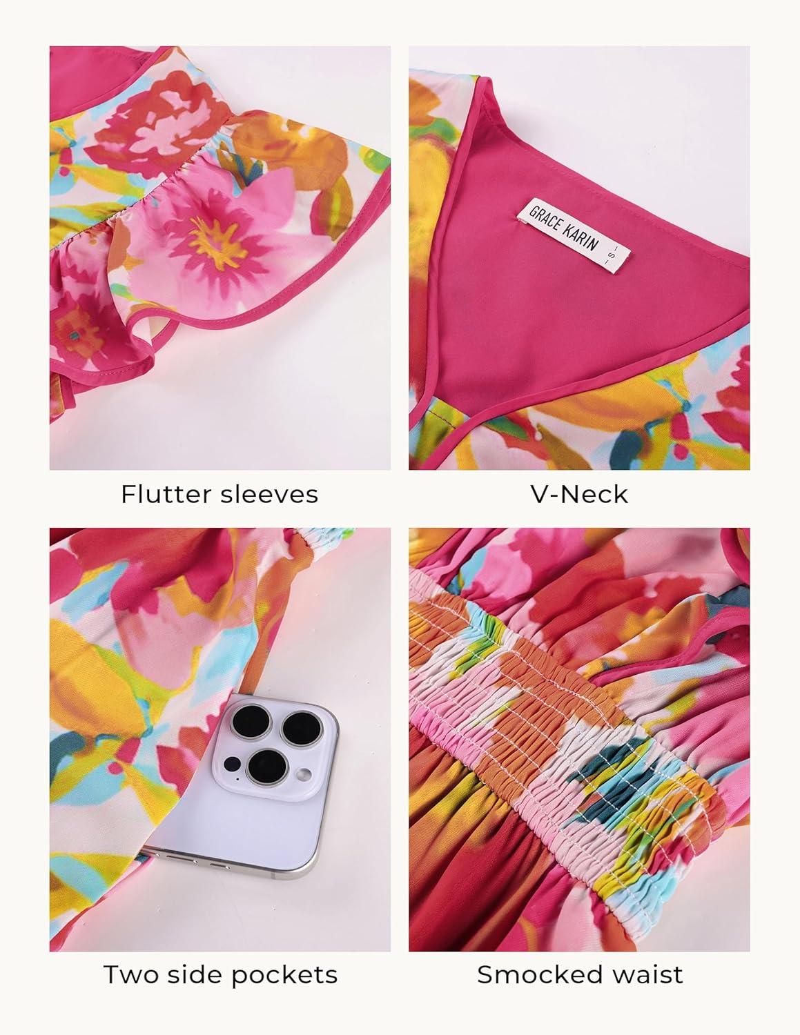 imageGRACE KARIN 2026 Summer Wedding Guest Dresses for Women Ruffle Sleeve Boho Midi Dress Smocked Flowy Floral Dress with PocketPink Orange