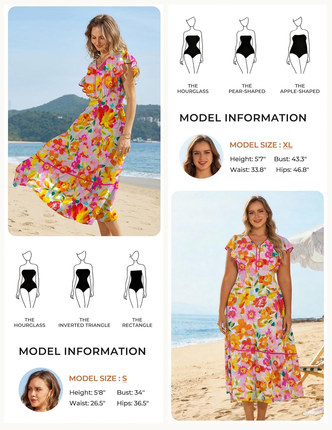 imageGRACE KARIN 2026 Summer Wedding Guest Dresses for Women Ruffle Sleeve Boho Midi Dress Smocked Flowy Floral Dress with PocketPink Orange