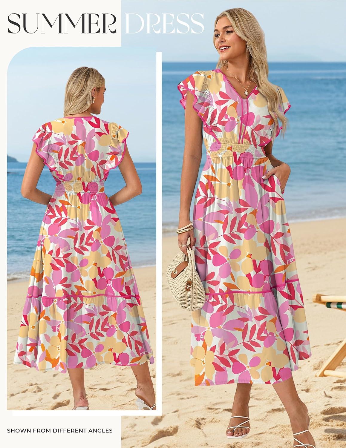 imageGRACE KARIN 2026 Summer Wedding Guest Dresses for Women Ruffle Sleeve Boho Midi Dress Smocked Flowy Floral Dress with PocketPink Yellow