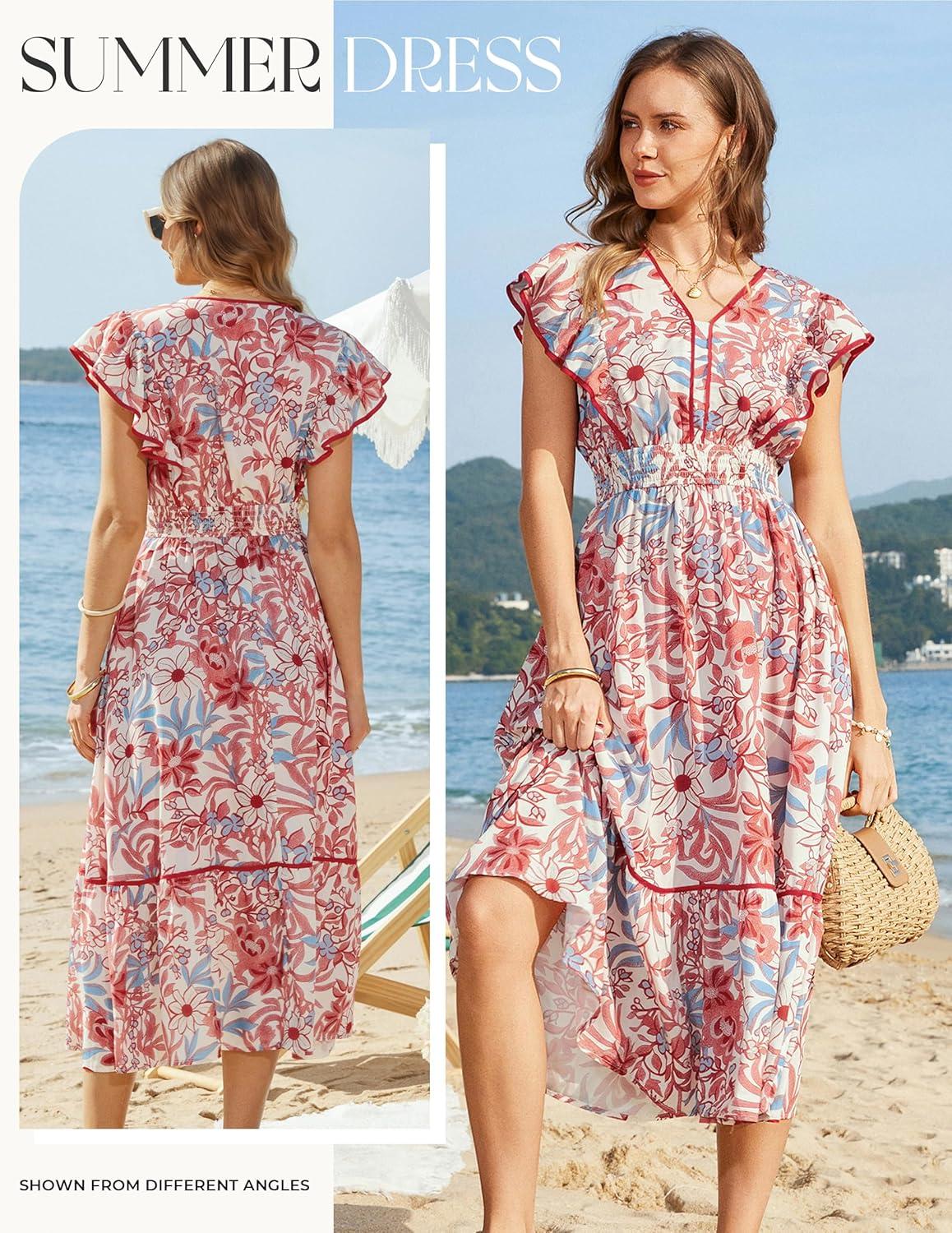 imageGRACE KARIN 2026 Summer Wedding Guest Dresses for Women Ruffle Sleeve Boho Midi Dress Smocked Flowy Floral Dress with PocketRed Blue