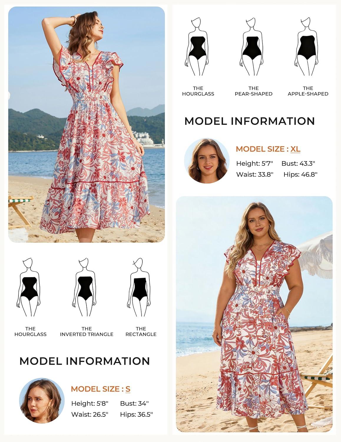 imageGRACE KARIN 2026 Summer Wedding Guest Dresses for Women Ruffle Sleeve Boho Midi Dress Smocked Flowy Floral Dress with PocketRed Blue