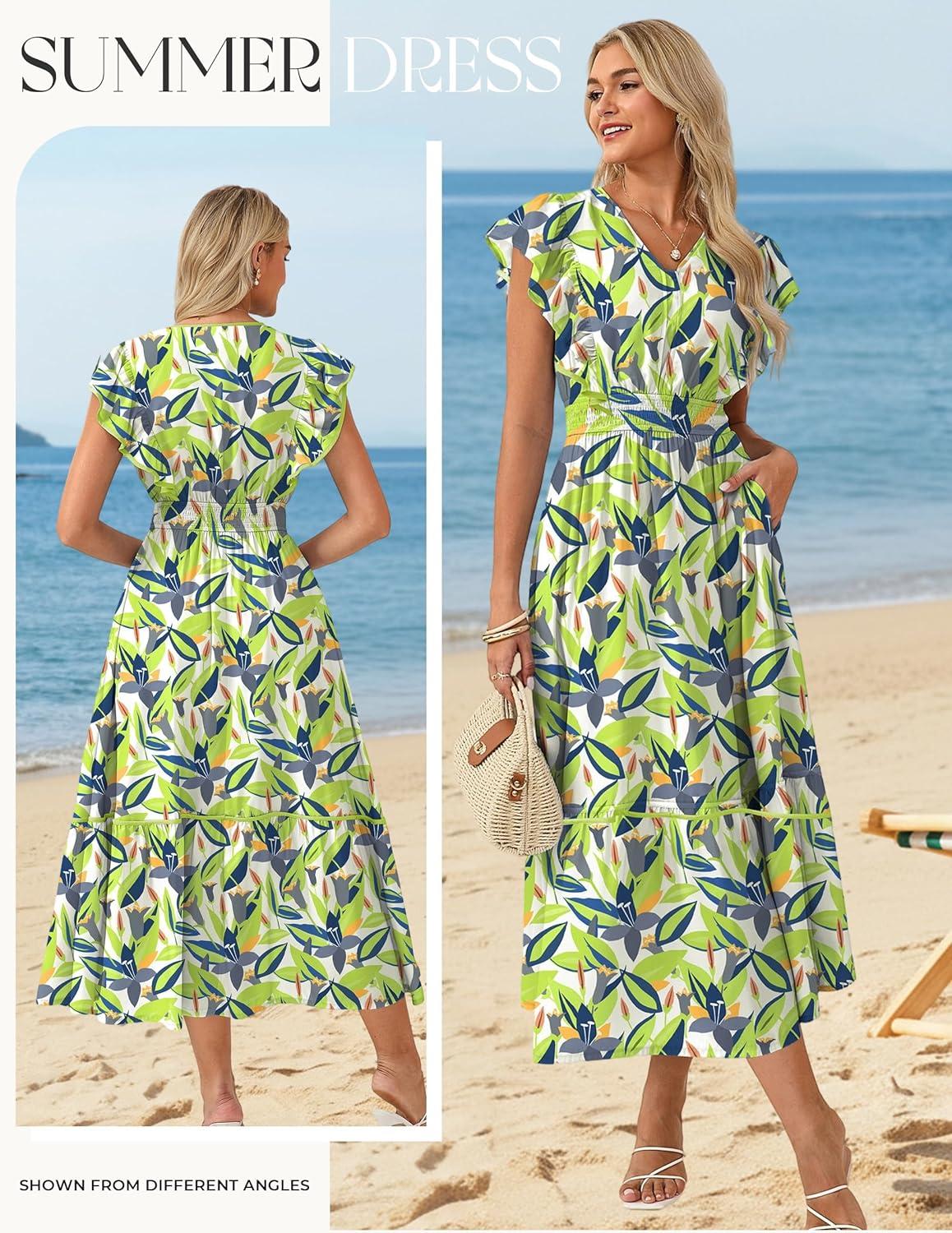 imageGRACE KARIN 2026 Summer Wedding Guest Dresses for Women Ruffle Sleeve Boho Midi Dress Smocked Flowy Floral Dress with PocketWhite Green