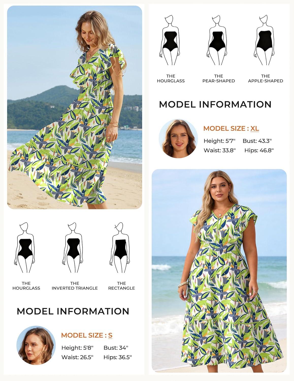 imageGRACE KARIN 2026 Summer Wedding Guest Dresses for Women Ruffle Sleeve Boho Midi Dress Smocked Flowy Floral Dress with PocketWhite Green