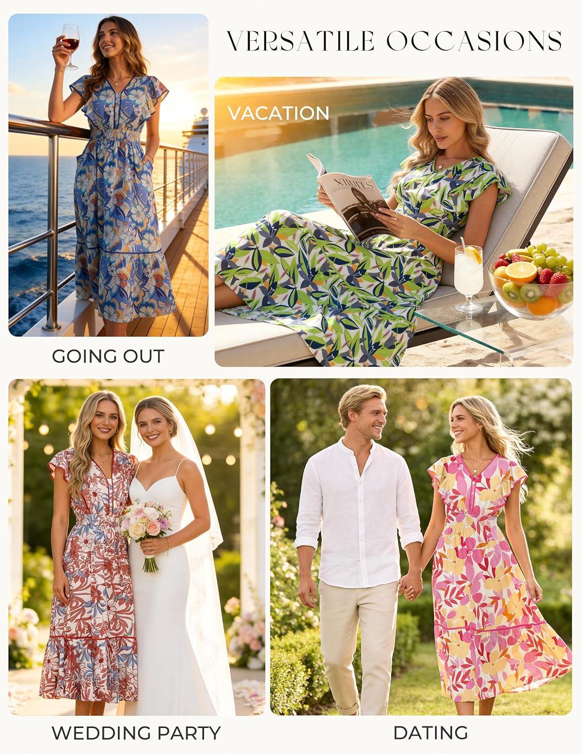 imageGRACE KARIN 2026 Summer Wedding Guest Dresses for Women Ruffle Sleeve Boho Midi Dress Smocked Flowy Floral Dress with PocketWhite Green