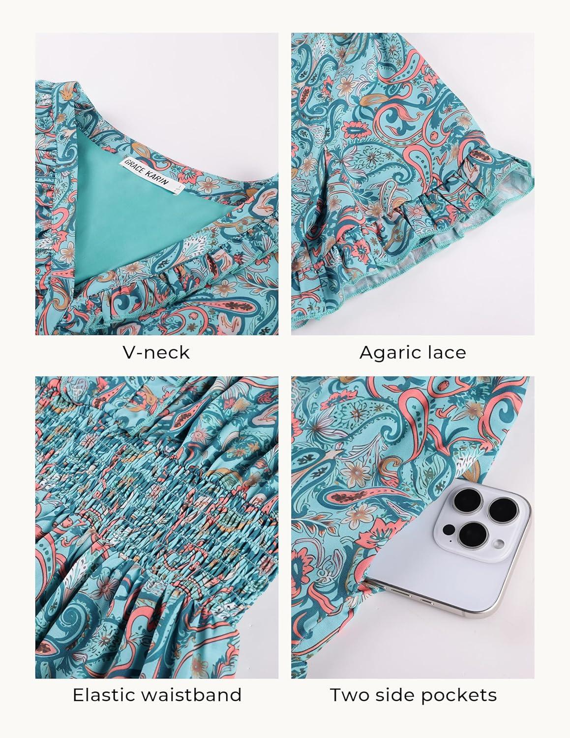imageGRACE KARIN 2026 Womens Short Sleeve VNeck Ruffle Maxi A Line Dresses with PocketsBlue Green Floral