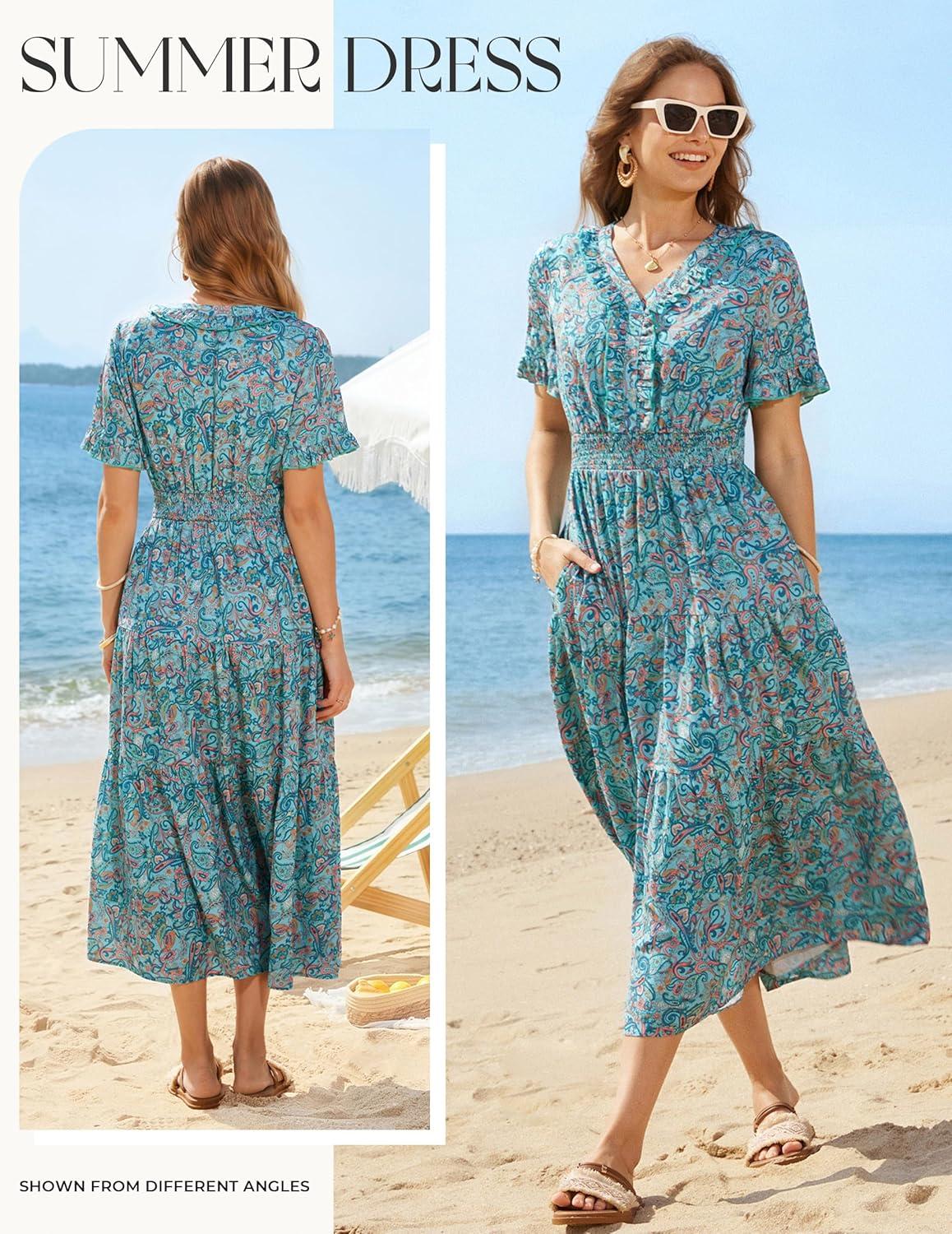 imageGRACE KARIN 2026 Womens Short Sleeve VNeck Ruffle Maxi A Line Dresses with PocketsBlue Green Floral