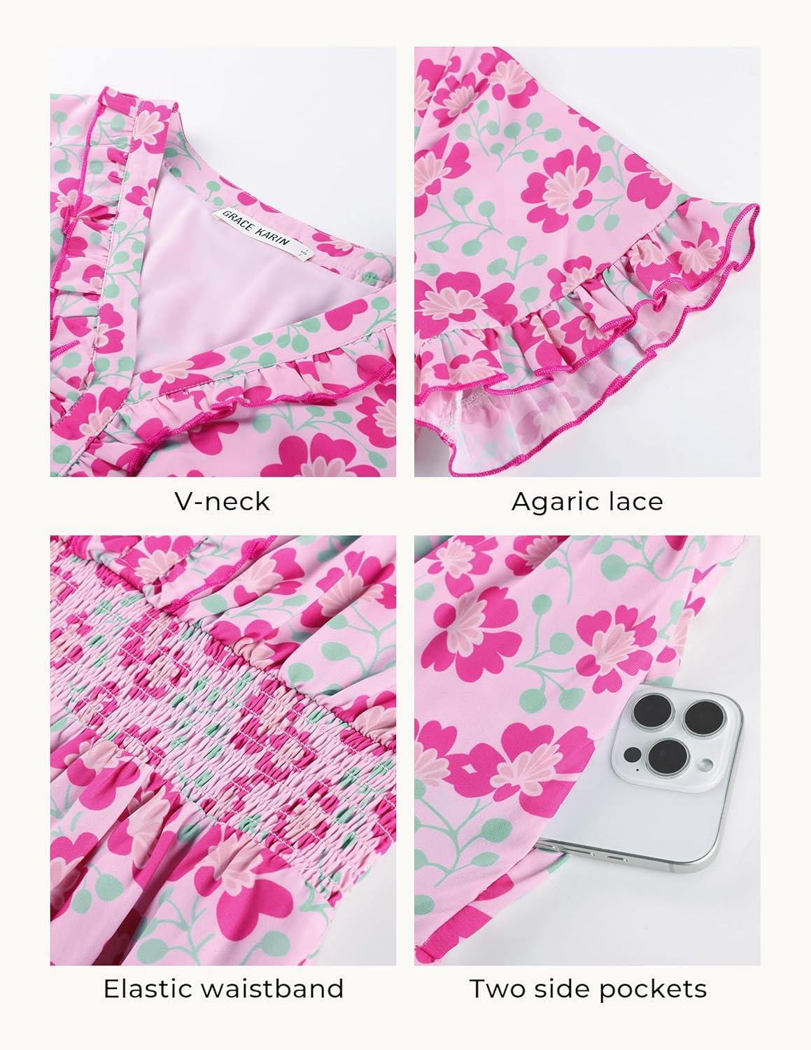 imageGRACE KARIN 2026 Womens Short Sleeve VNeck Ruffle Maxi A Line Dresses with PocketsPink Rose Floral