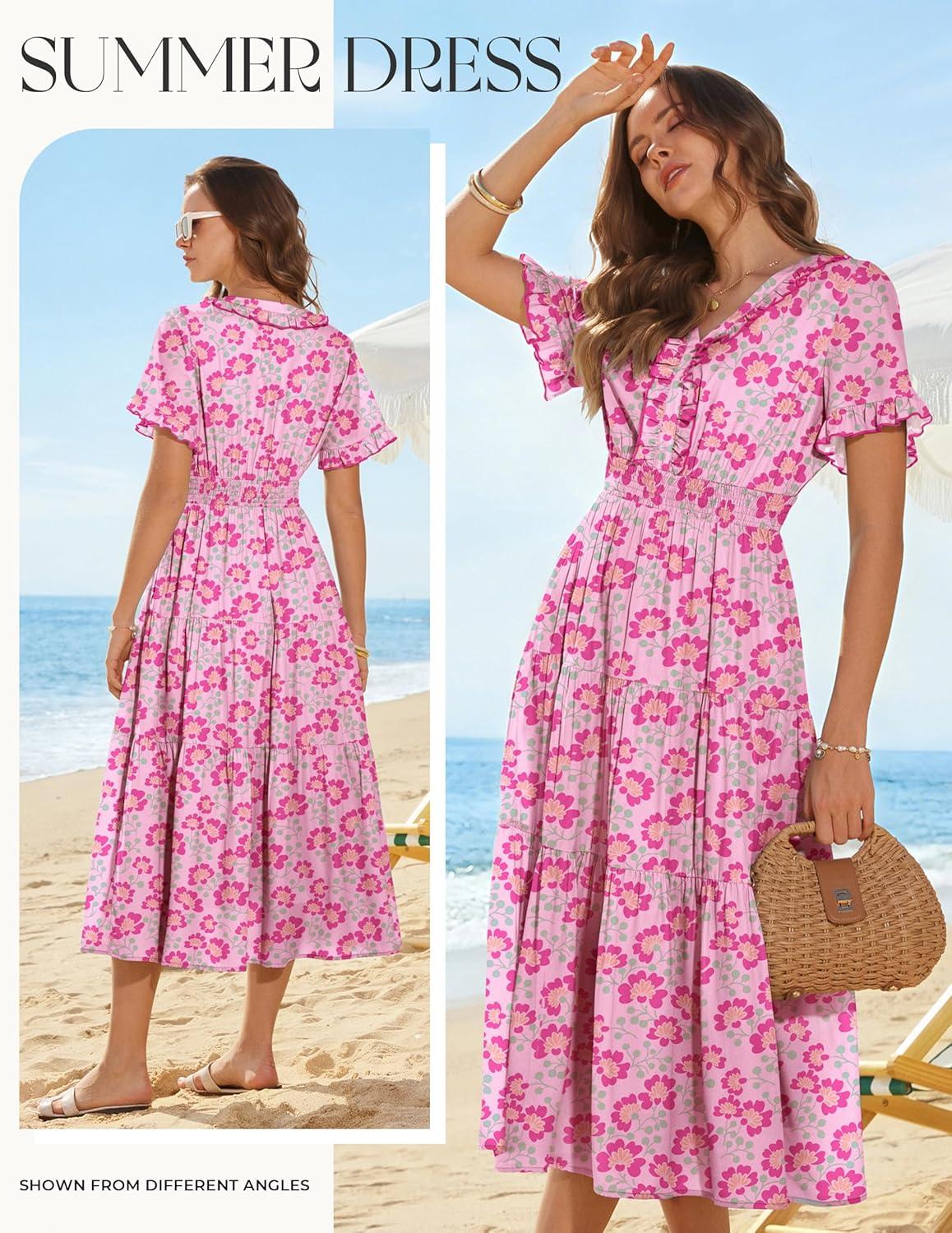 imageGRACE KARIN 2026 Womens Short Sleeve VNeck Ruffle Maxi A Line Dresses with PocketsPink Rose Floral