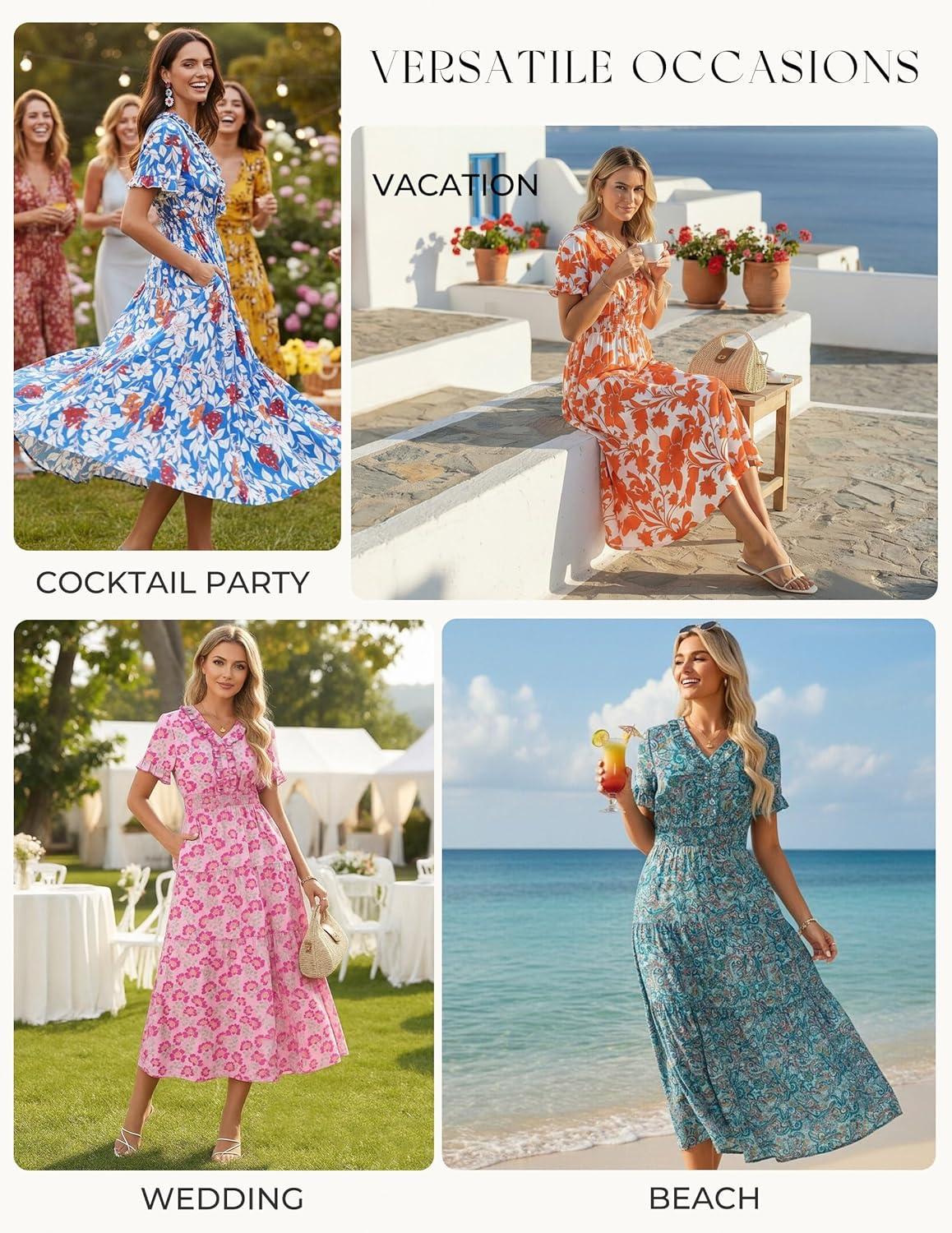 imageGRACE KARIN 2026 Womens Short Sleeve VNeck Ruffle Maxi A Line Dresses with PocketsPink Rose Floral