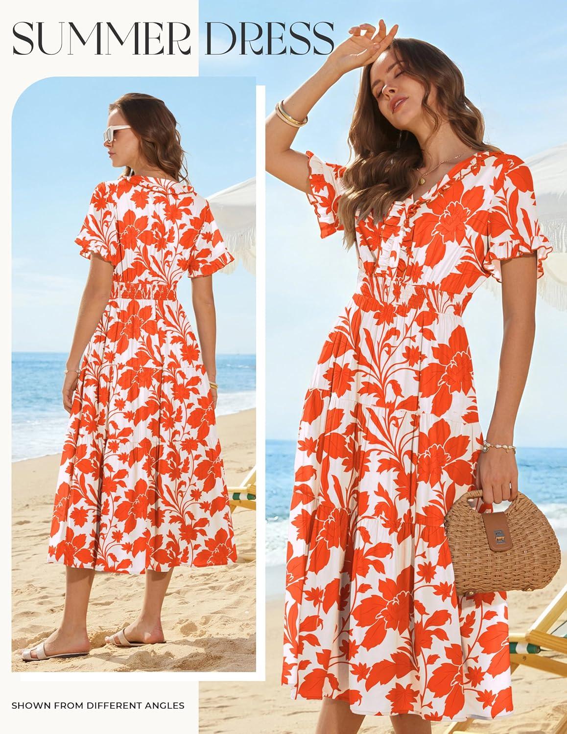 imageGRACE KARIN 2026 Womens Short Sleeve VNeck Ruffle Maxi A Line Dresses with PocketsWhite Orange Floral