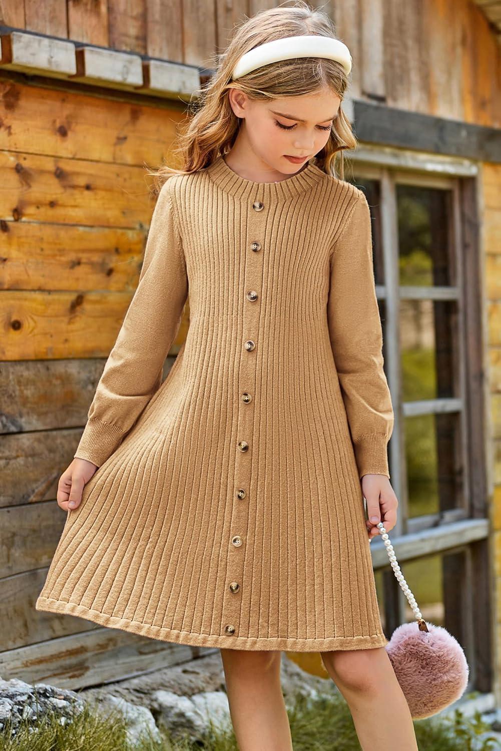 imageGRACE KARIN Girls Fall Sweater Dresses Girl Long Sleeve Winter Dress Kids Knit Casual Formal Dresses Size 614Light Khaki