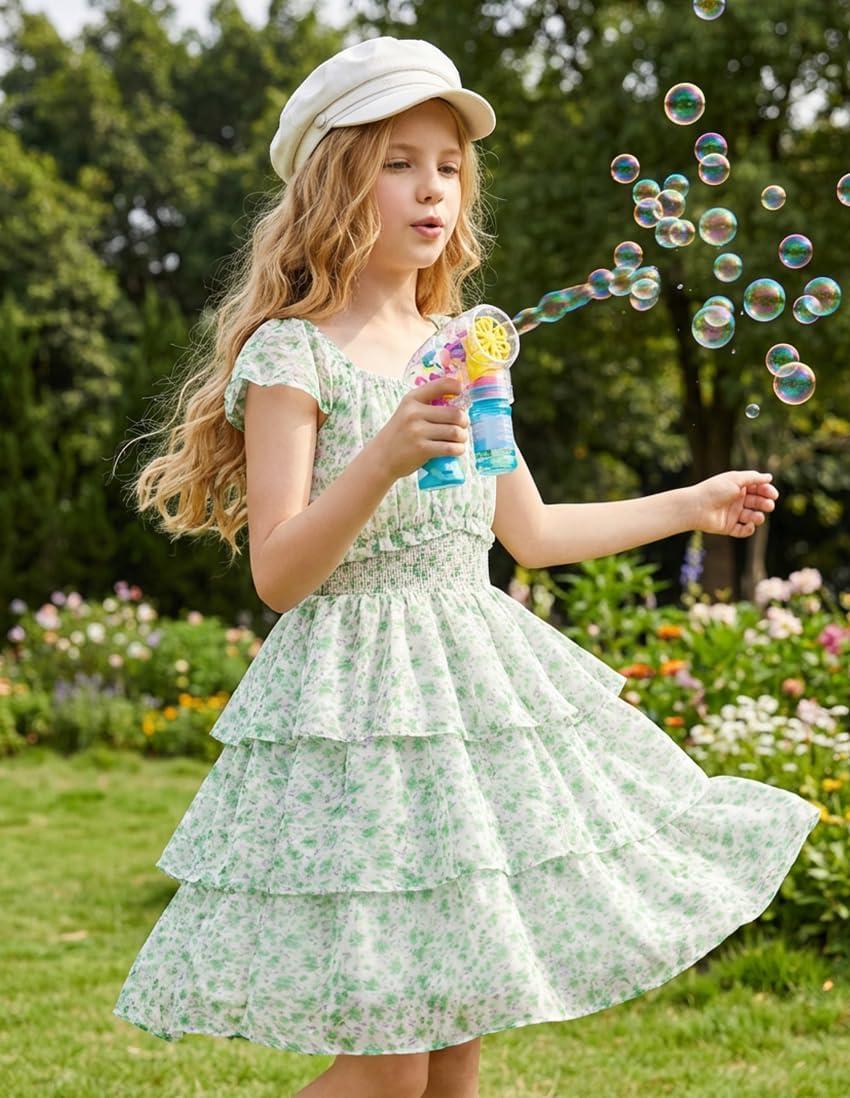 imageGRACE KARIN Girls Spring Summer Floral Dress Teen Ruffle Smocked 3 Layerr Dresses Kids Cute Boho Easter Clothes Size 714Green Floral