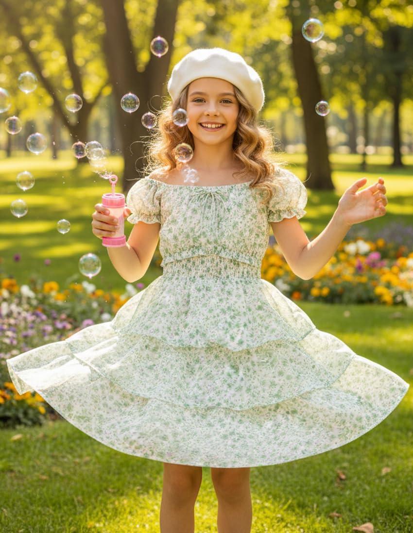 imageGRACE KARIN Girls Spring Summer Floral Dress Teen Ruffle Smocked 3 Layerr Dresses Kids Cute Boho Easter Clothes Size 714Green Floral