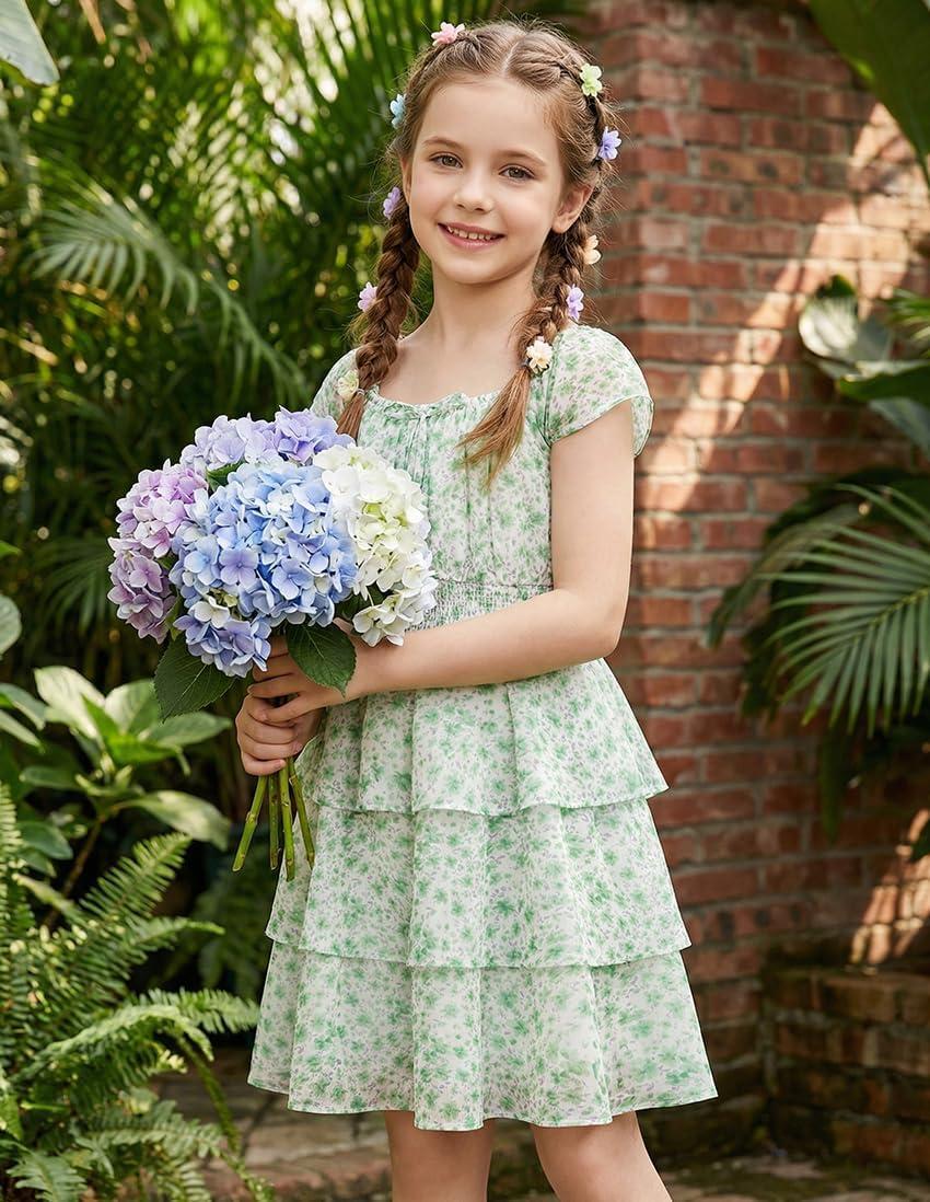 imageGRACE KARIN Girls Spring Summer Floral Dress Teen Ruffle Smocked 3 Layerr Dresses Kids Cute Boho Easter Clothes Size 714Green Floral