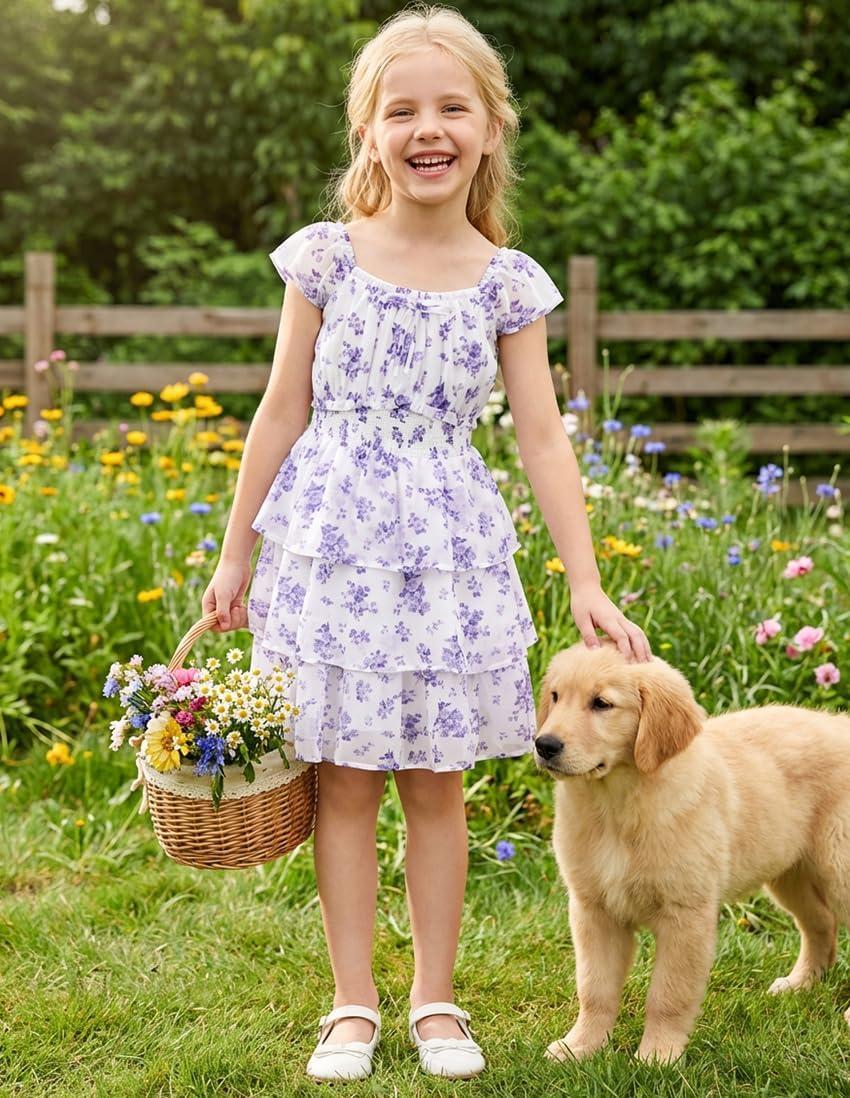 imageGRACE KARIN Girls Spring Summer Floral Dress Teen Ruffle Smocked 3 Layerr Dresses Kids Cute Boho Easter Clothes Size 714White Purple Floral